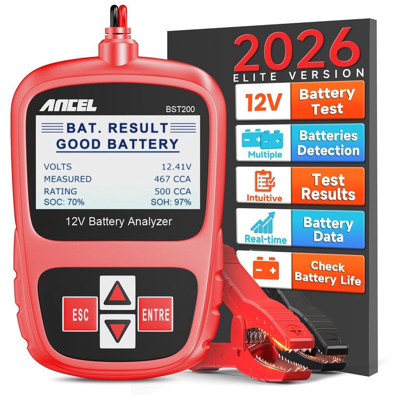 Ancel BST200 Car Battery Tester 12V Battery Load Tester, 100-1100 CCA Automotive Digital Analyzer Tool with Upgraded Reinforced Clamps for Car Truck SUV Motorcycle Boat Marine Vehicles - Image 1